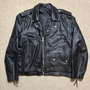 Leather Motorcycle Jacket Mens 44 Black Belted Side Lace Biker Zip Pockets